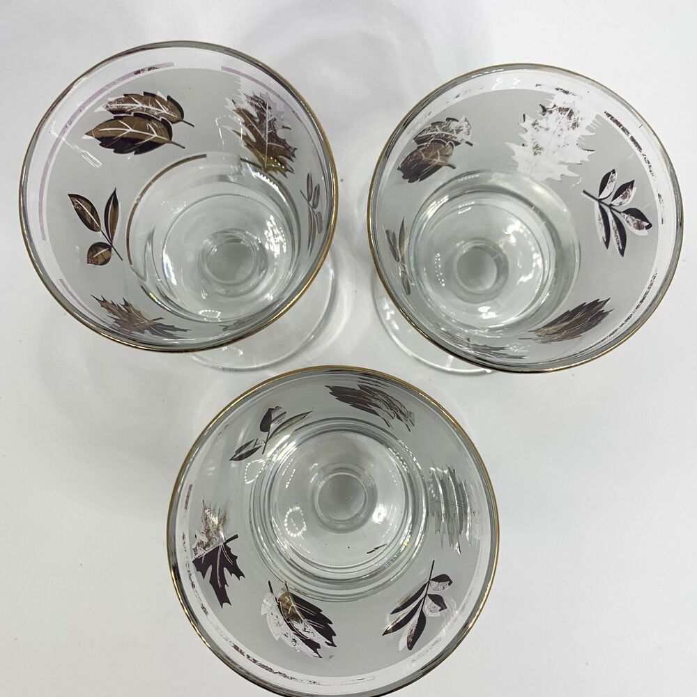Lot 3 MCM Libby Golden Foliage Footed Rocks Glasses Autumn Leaf Vintage Barware - Picture 2 of 5